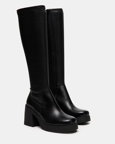 Tall Black Boots Steve Madden, Long Black Platform Boots, Black Square Toe Knee High Boots, Chunky Platform Black Boots, Blsck Boots, Knee High Boots No Heel, Sukuna Costume, Medic Cosplay, Fall Black Boots