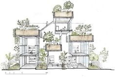 an architectural drawing of a house with plants growing on the roof and stairs leading up to the second floor