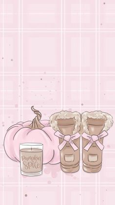 a pink background with some pumpkins and boots