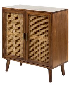 a wooden cabinet with wicker doors and two drawers on one side, against a white background