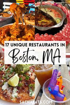 17 Unique Restaurants in Boston title, bbq pulled pork mac and cheese in the top left corner, hotpot in top right corner from Chinese restaurant in Boston, Quesadilla from Mexican restaurant in Boston, & Shore Leave cocktails at a bar in the city. The bottom says sachaeats.com Boston Tourist Outfit, Boston Date Ideas, Boston Food Bucket List, Boston Speakeasy, Things To Do In Boston Massachusetts, Shopping Boston, Couple Vacay, Boston Bars