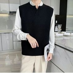 Spring Autumn Fashion Solid Casual Pullover Tess Vest Men Loose Knitted Top Sweater Gentle Business Irregular Knitted Sweaters For Men, Business Vest, Men Waistcoat, Waistcoat Sweater, Black Waistcoat, Man Clothes, Waistcoat Men, Sweater Vest Mens, Vest Sweater