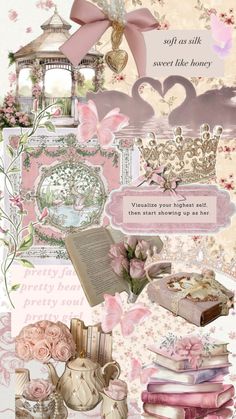 a collage of pink and white images with flowers, books, teapots and other items