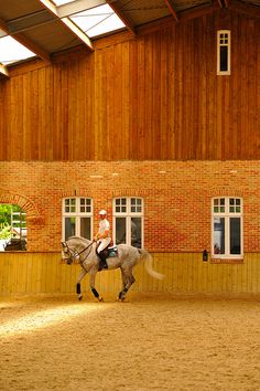 a person riding on the back of a horse in an indoor arena with wooden walls