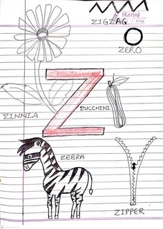 the letter z is for zebra on lined paper with flowers and other things around it