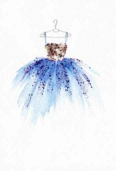 a watercolor drawing of a dress on a hanger with purple and blue sprinkles