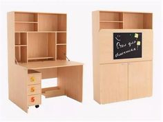 a wooden desk with a chalkboard attached to the wall next to an open bookcase