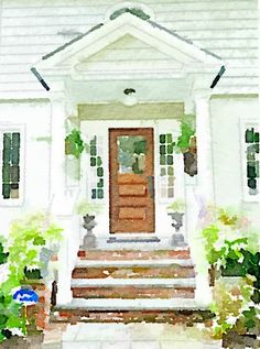 a painting of a house with steps leading to the front door and potted plants