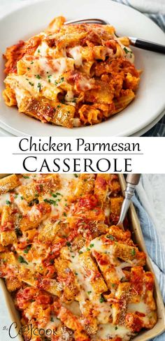 chicken parmesan casserole in a white dish