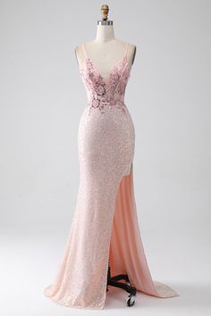 ZAPAKA Women Beaded Mermaid Prom Dress with Slit Glitter Pink Spaghetti Straps Party Dress Pink Fishtail Prom Dress, Prom Dresses Masquerade Theme, Prom Dresses Mermaid Style, Premier Dresses, Sparkly Long Dress, Sparkly Prom Dresses Long, Black Lace Evening Dress, Sparkly Fashion, Burgundy Homecoming Dresses