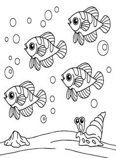 three fish swimming in the ocean with bubbles and bubbles on it's surface, coloring page