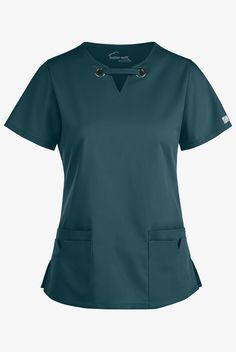 For a fashionable twist on your daily workwear, try our grommet scrub top. Grommets give a classic v-neck style an upgrade. Back darts and side vents give you the perfect fit. Each piece in our Butter-soft Stretch scrub collection was designed for 12+ hour shifts, and made from easy-care, 2-way stretch comfort fabric. • Modern fit • V-neck • Total of 4 pockets • 2 double front pockets • Short sleeve • Side vents • Back darts • Approximate length for size M is 27 1 2” The key to comfort? Cotton a Scrubs Uniform Fashion, Unique Scrubs, 12 Hour Shifts