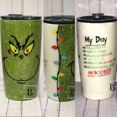 three different types of coffee cups with the names of their characters and designs on them