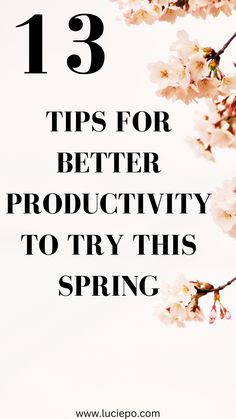 the words 13 tips for better productivity to try this spring with cherry blossoms in bloom