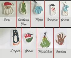 twelve handmade christmas ornaments are shown in different styles and sizes, including snowmen, mittens, gloves, santa hats, stockings, and more