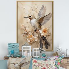 a bird sitting on top of a bed next to pillows and pillow cases in front of a painting