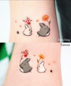 two pictures of tattoos with rabbits and flowers on the side of their thighs, one has an orange flower in it