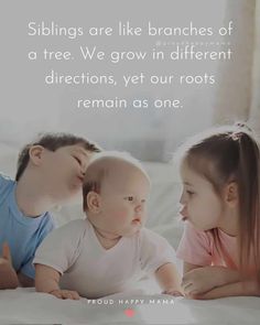 three children laying on top of a bed with the caption siblings are like branches of a tree we grow in different directions, yet our roots remain as one