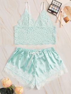 Floral Lace Bralette With Satin Shorts [swsexy03190613857] - $10.50 : baglooking.com Shorts Sleepwear, Cotton Bra, Camisole Bra, Satin Shorts, Spring Women