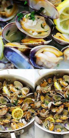 two pans filled with clams and lemon slices