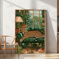 a painting of a leopard laying on a green couch in front of a window with flowers