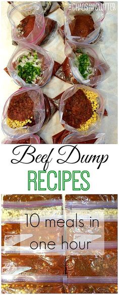 beef dumps are packed in plastic bags and placed on top of each other with text overlay that reads beef dumps recipes 10 meals in one hour