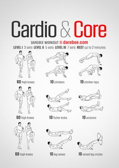 the cardio and core workout poster shows how to do an exercise with one hand