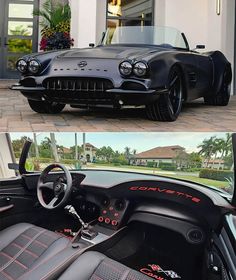 the inside and outside view of a black sports car