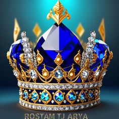 a blue and gold crown sitting on top of a table