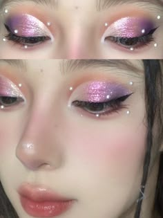 Fancy Eyeshadow Looks, Korean Purple Makeup, Fairy Tail Makeup, Fairy Makeup Purple, Rapunzel Makeup Look, Pink Purple Eye Makeup, Light Purple Makeup Looks, Garden Fairy Makeup, Purple And Pink Makeup