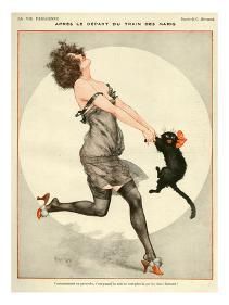 a woman is running with a cat in her hand