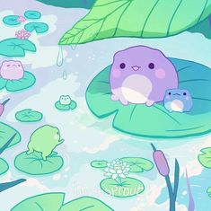 an animal sitting on top of a lily pad next to water lilies and leaves