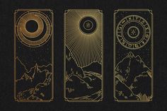 three gold bookmarks with mountains and sun in the middle one has a black background