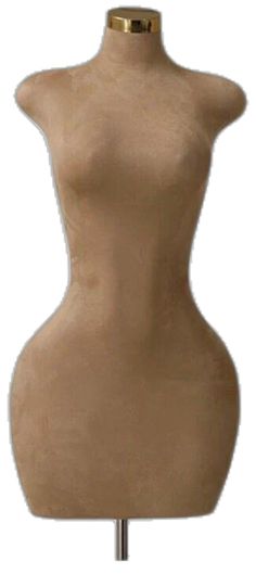 a female mannequin with a gold top on a metal base, front view