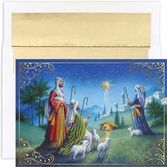 a christmas card with an image of the birth of jesus and three wise men, surrounded by sheep