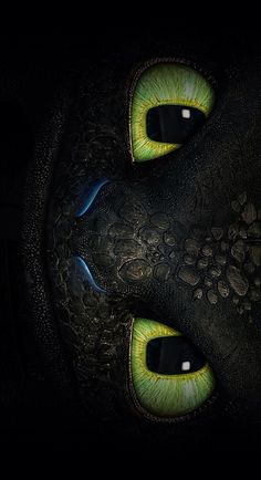 the eyes of a black and green dragon with glowing yellow eyeballs on it's face