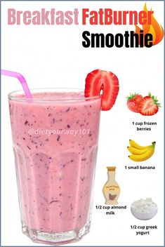 a smoothie with strawberries and ice cream is shown in this advertisement for breakfast fatburner smoothie