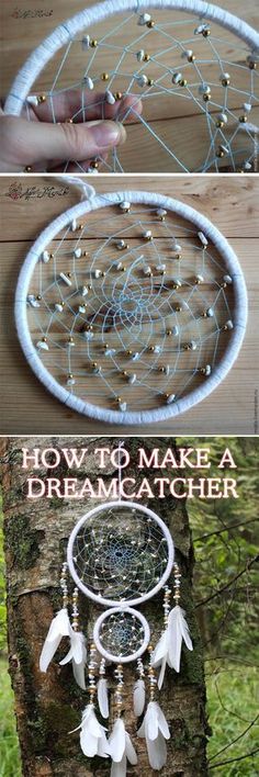 three different pictures with the words how to make a dream catcher