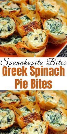 spinach and cheese appetizers on a plate with text overlay that reads, spanatotta bites greek spinach pies