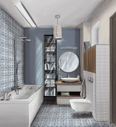 a bathroom with blue and white tiles on the floor, tub, sink and toilet