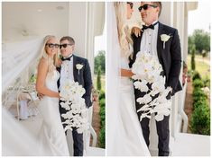 the bride and groom are posing for pictures