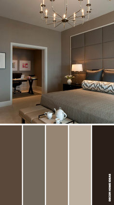 a bedroom with gray walls and brown furniture