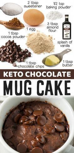 the ingredients for keto chocolate mug cake are shown in this graphic above and below