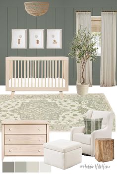 Gender neutral nursery decor mood board with green tones throughout! Gender Neutral Nursery With Accent Wall, Green Nursery Inspiration, Neutral Nursery With Green Accents, Sherwin Williams Retreat Nursery, Green Accent Wall Colors Sherwin Williams, Nursery With Green Wall, Unisex Green Nursery, Pewter Green Sherwin Williams Nursery, Sage Green Nursery With White Crib