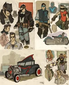 some drawings of people and vehicles in different poses