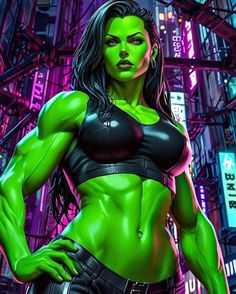 a woman with green paint on her body standing in front of a neon cityscape