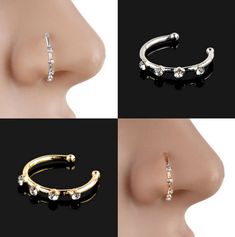 four different types of nose rings with crystal stones on each side and an ear cuff