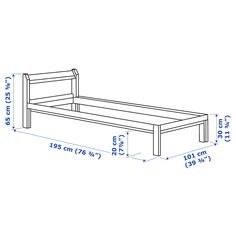 a bed frame with measurements for the headboard and foot board