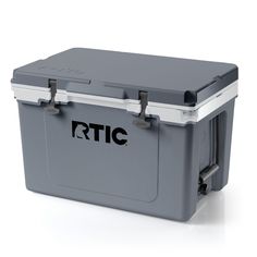 a gray and white cooler with the rtic logo on it's front lid