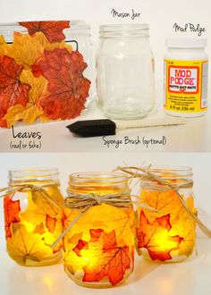 mason jars with fall leaves in them and some lights on the inside are lit up